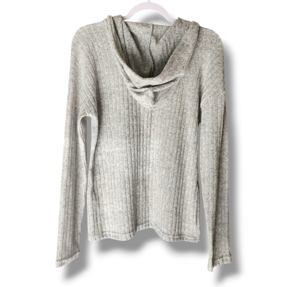 Gray Ribbed Hoodie with Buttons - Picture 2 of 3